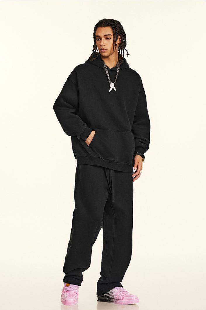 Set di felpa con cappuccio e pantaloni da bagno in tinta unita, rilassato e casual, ispessito