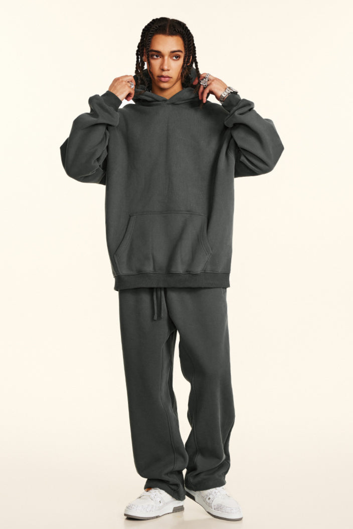 Set di felpa con cappuccio e pantaloni da bagno in tinta unita, rilassato e casual, ispessito