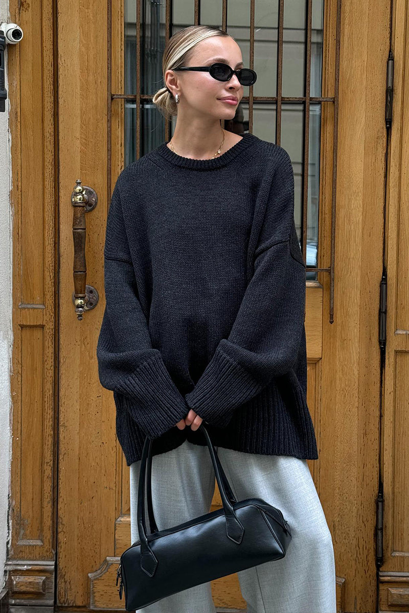 Maglione oversize da donna in maglia color carbone con scollo rotondo