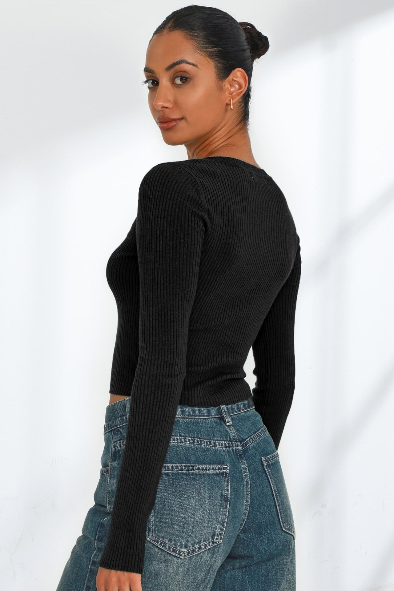 Camicia sexy con scollo a V lavorata a maglia a maniche lunghe