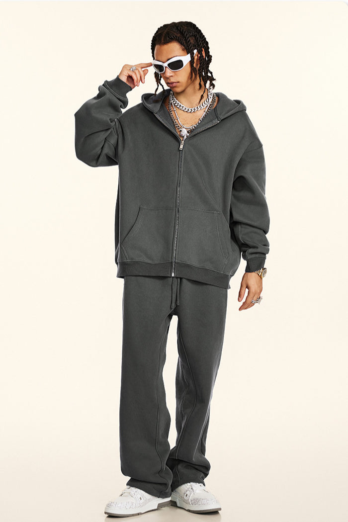 Set di felpe e pantaloni con cappuccio casual con chiusura a zip in tinta unita