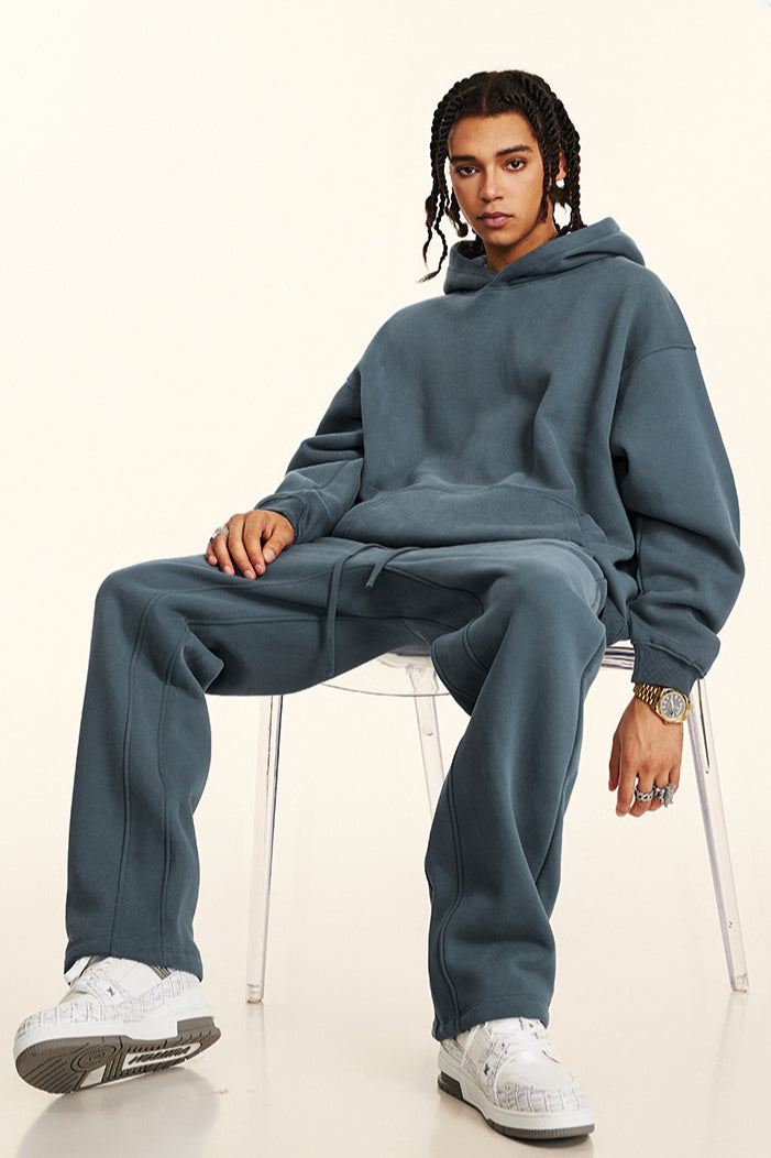 Set di felpa con cappuccio e pantaloni da bagno in tinta unita, rilassato e casual, ispessito
