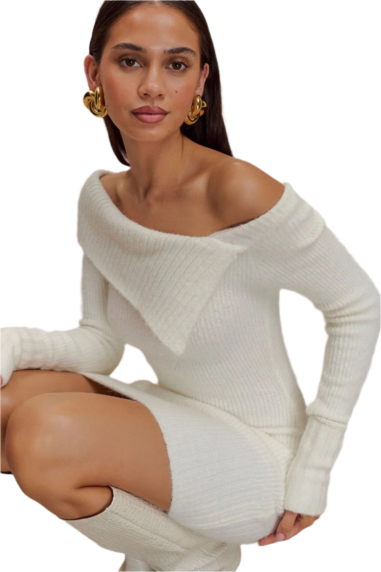 Abito classico da donna in maglia a coste con spalle scoperte, bianco
