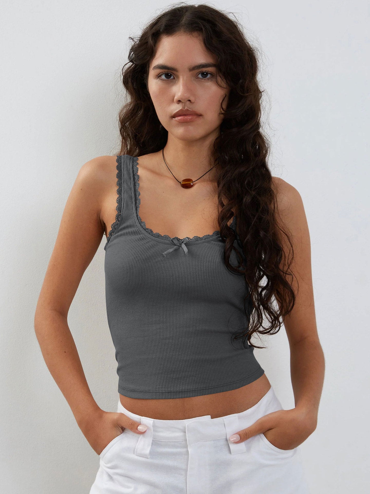 Top corto senza maniche in pizzo grigio antracite
