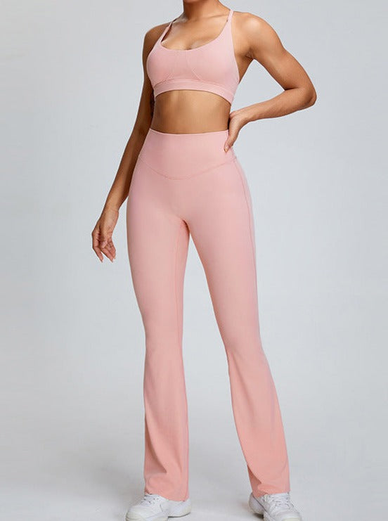 Pantaloni da yoga micro large a vita alta color rosa cipria con controllo della pancia