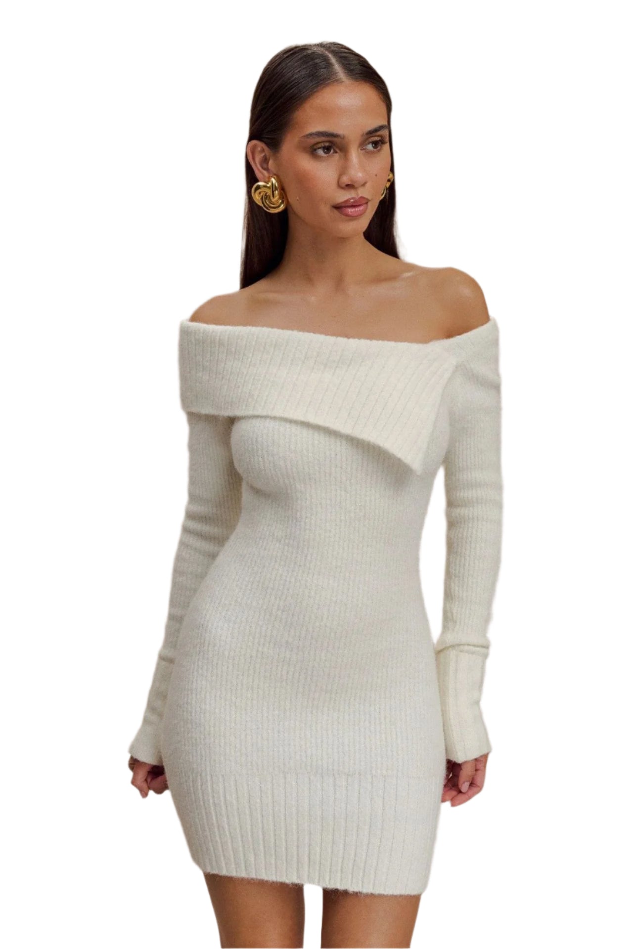 Abito classico da donna in maglia a coste con spalle scoperte, bianco