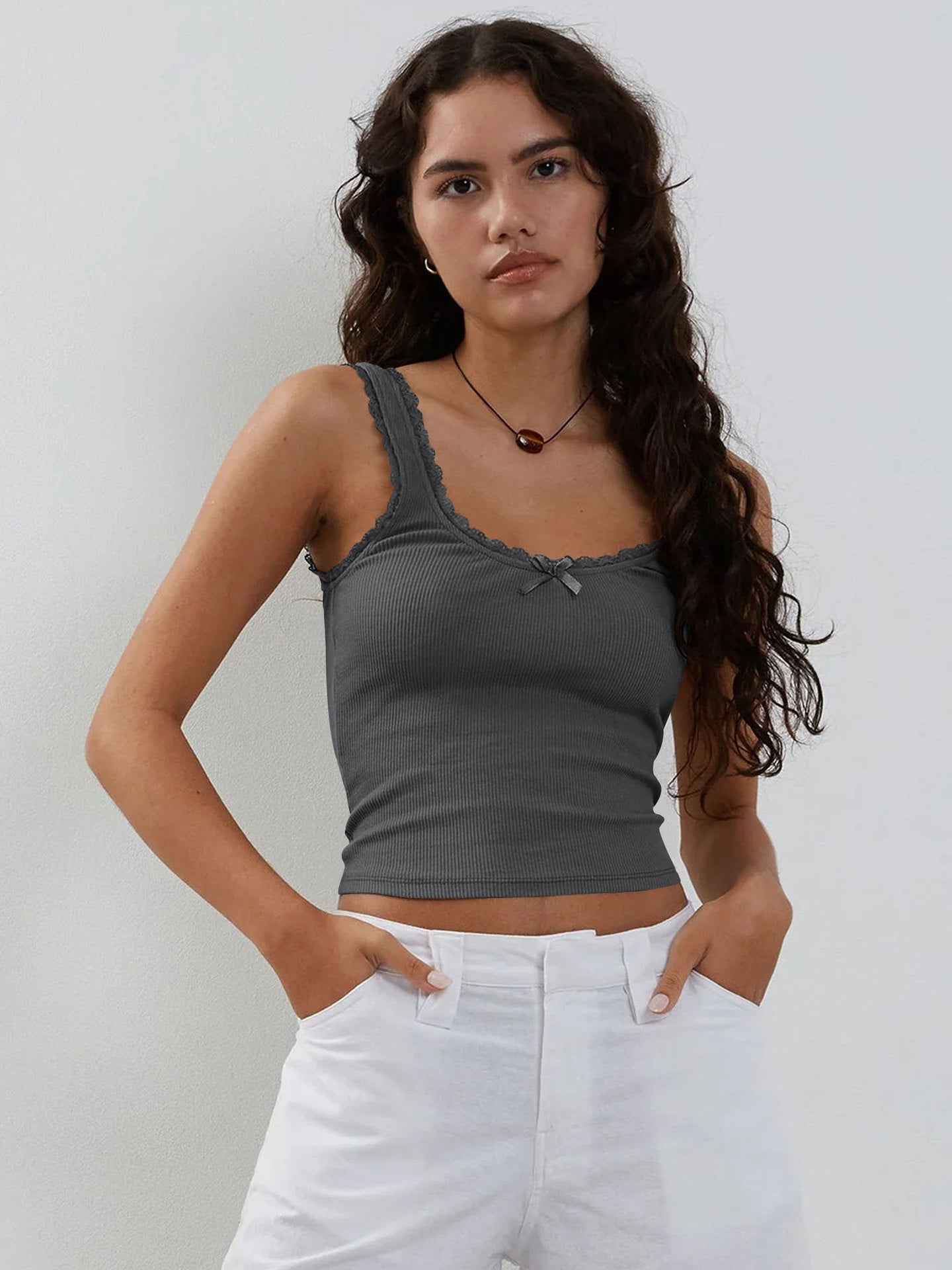 Top corto senza maniche in pizzo grigio antracite