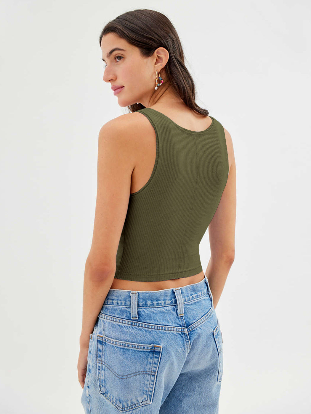 Top corto sexy a coste in maglia verde oliva