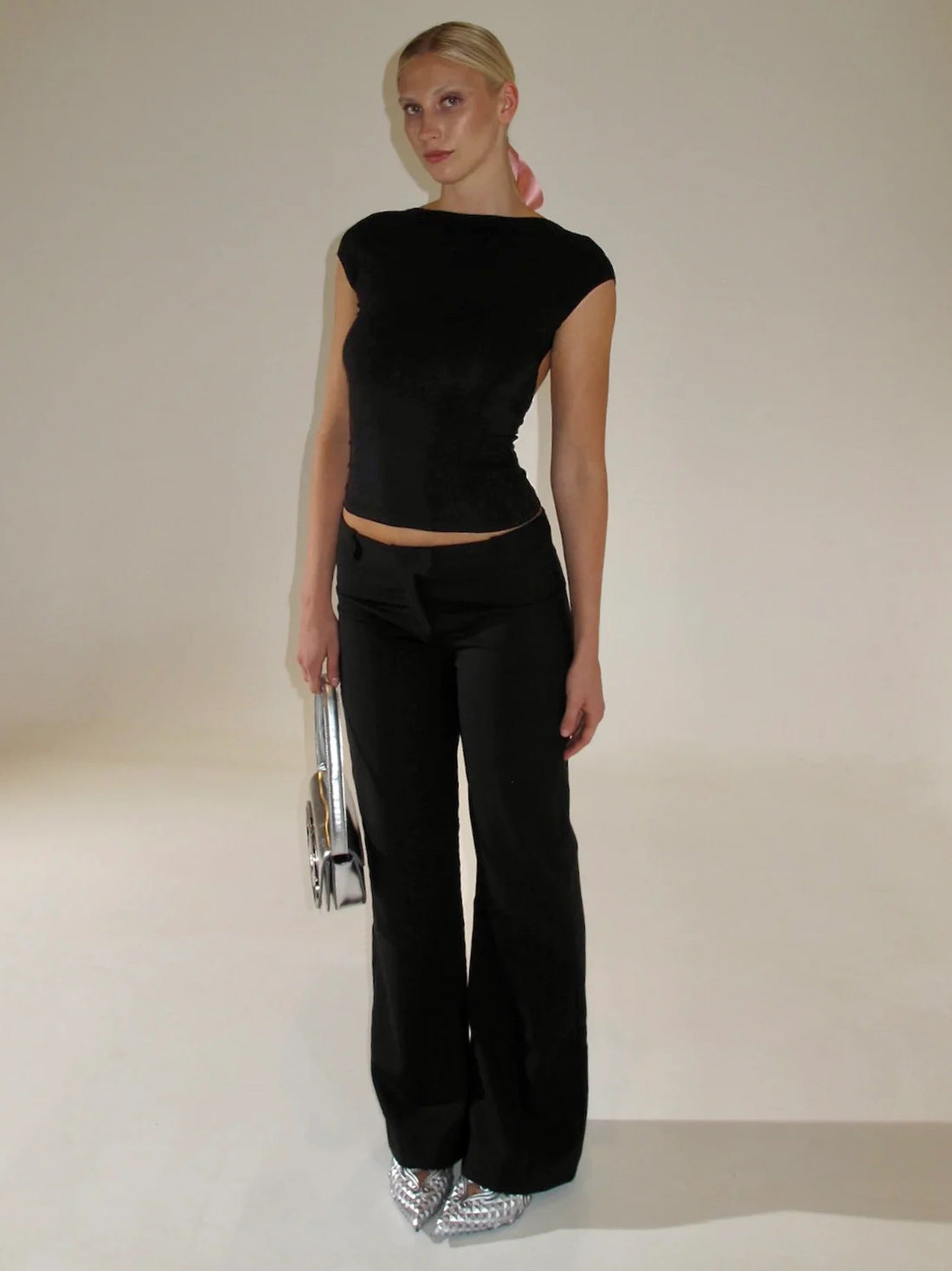 Camicia a maniche corte traspirante slim nera sexy senza schienale