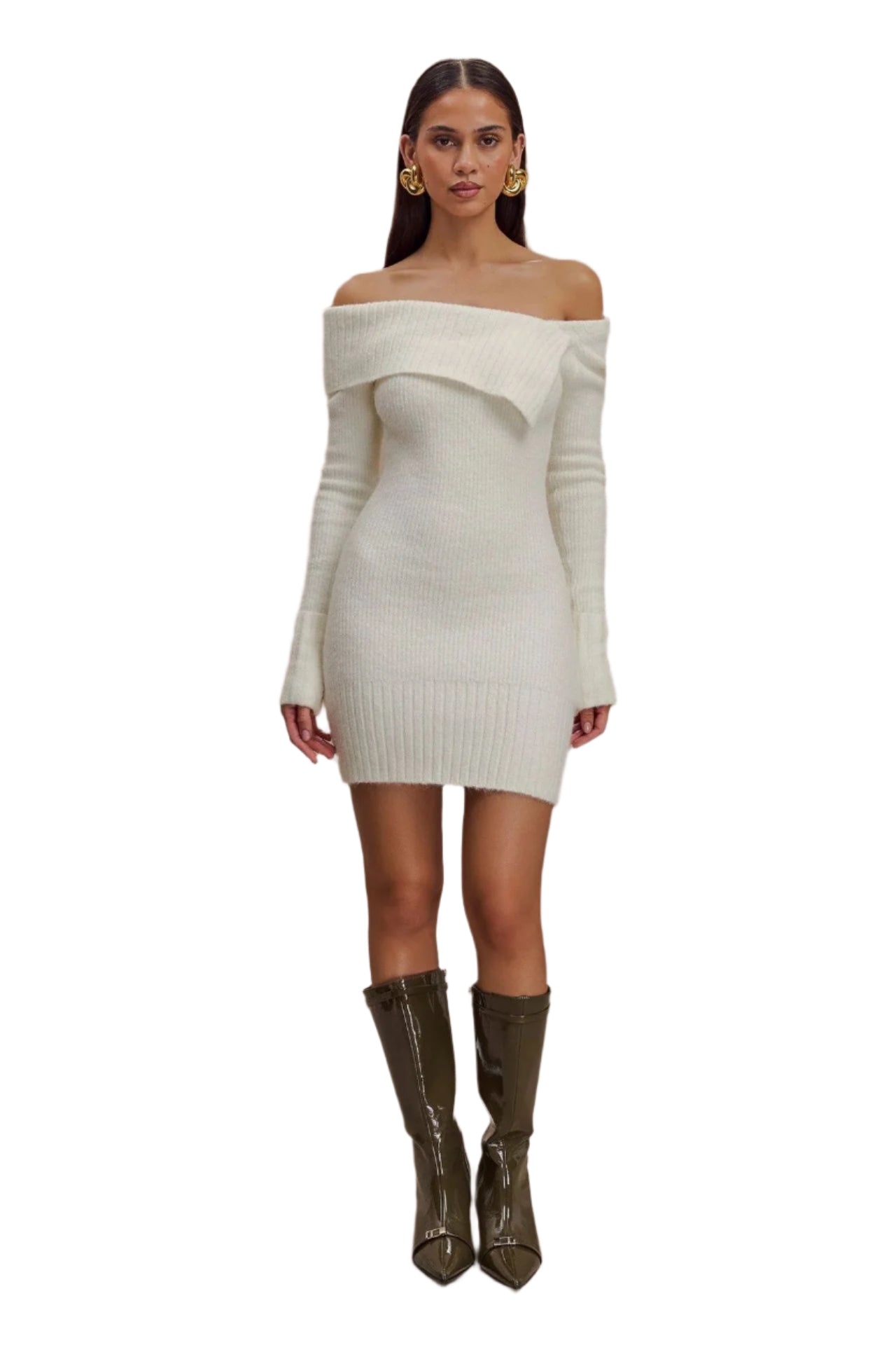 Abito classico da donna in maglia a coste con spalle scoperte, bianco