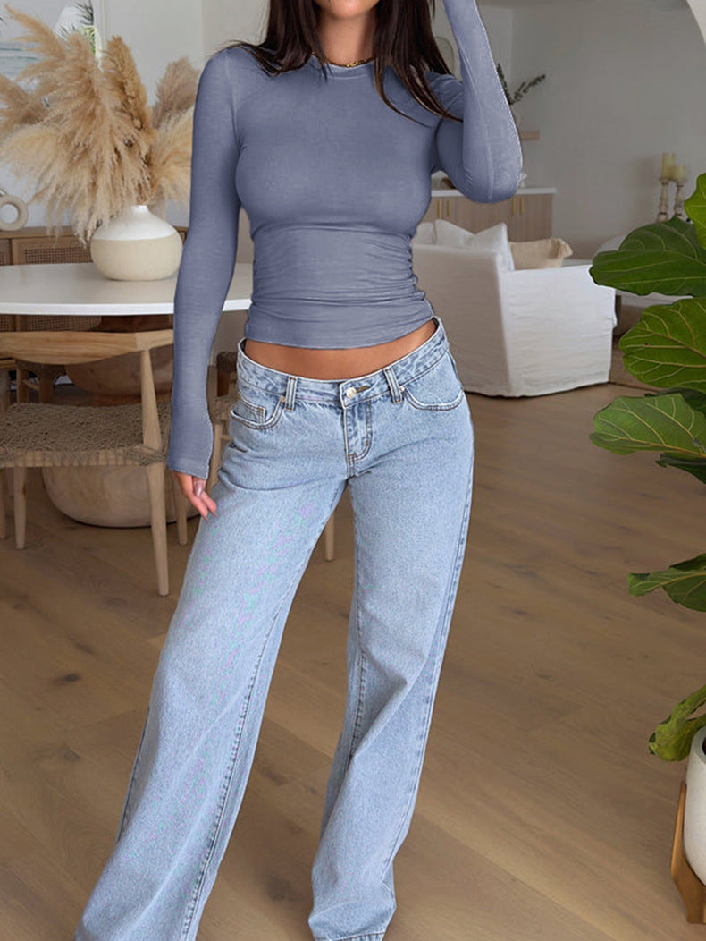 Camicia casual blu a maniche lunghe con scollo rotondo