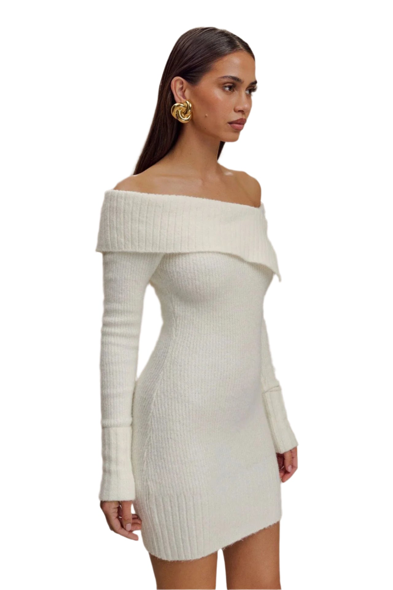 Abito classico da donna in maglia a coste con spalle scoperte, bianco
