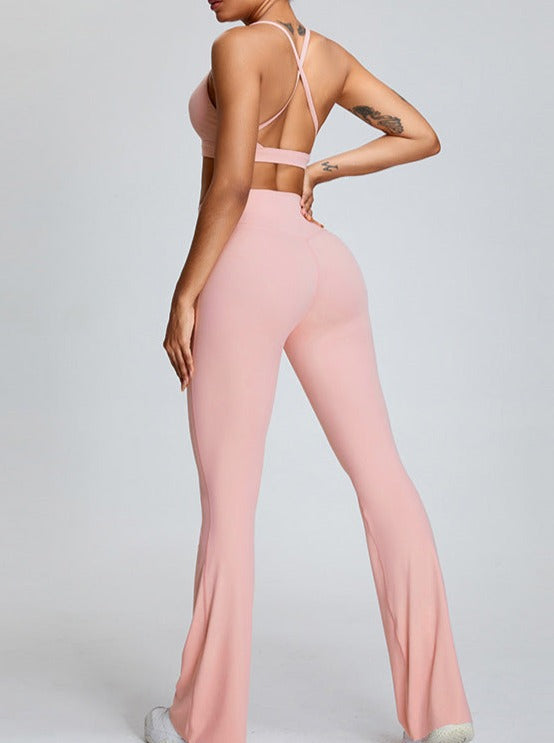 Pantaloni da yoga micro large a vita alta color rosa cipria con controllo della pancia