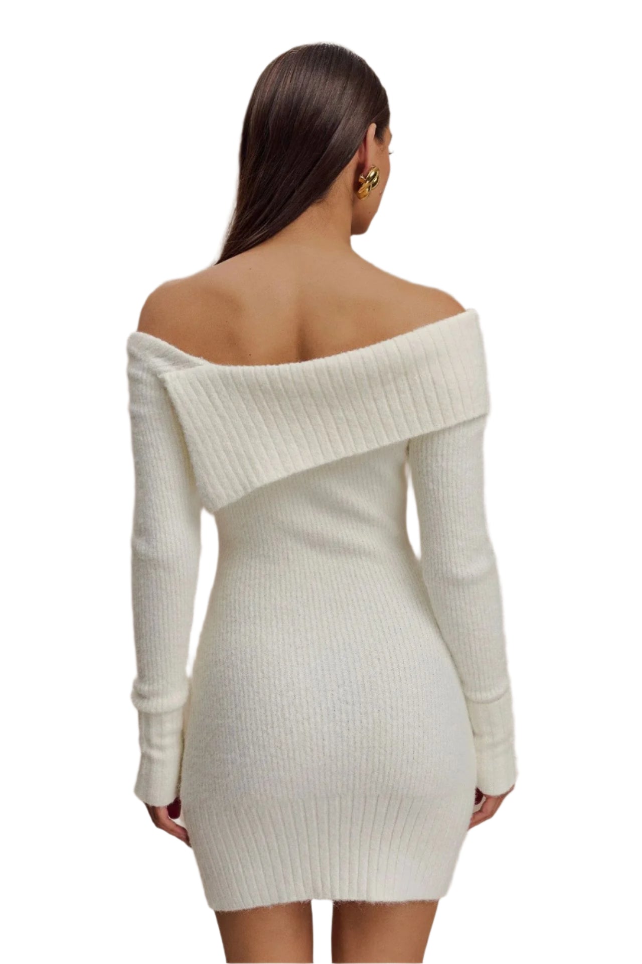 Abito classico da donna in maglia a coste con spalle scoperte, bianco
