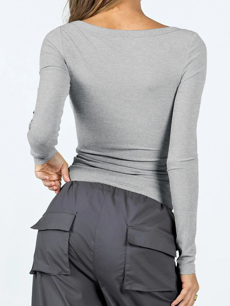 Camicia a maniche lunghe Y2K con scollo quadrato grigio