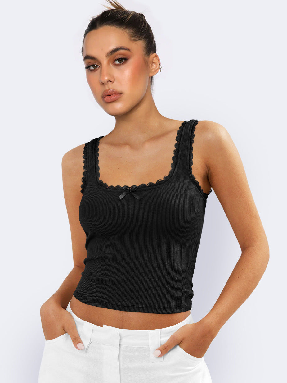 Top corto senza maniche in pizzo nero con canotta