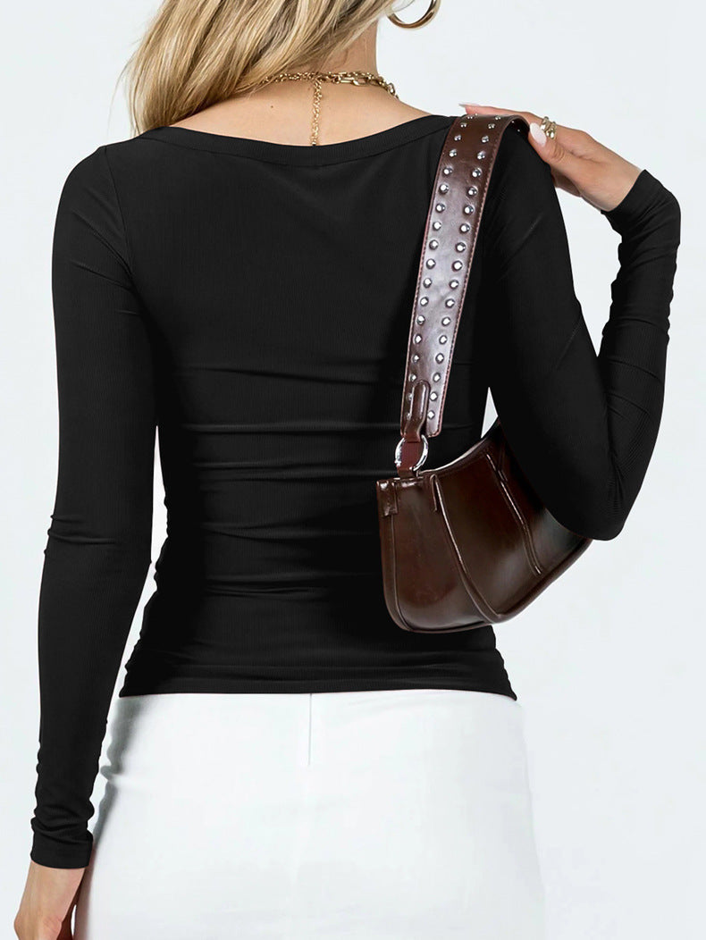 Camicia a maniche lunghe Y2K nera con scollo a barchetta