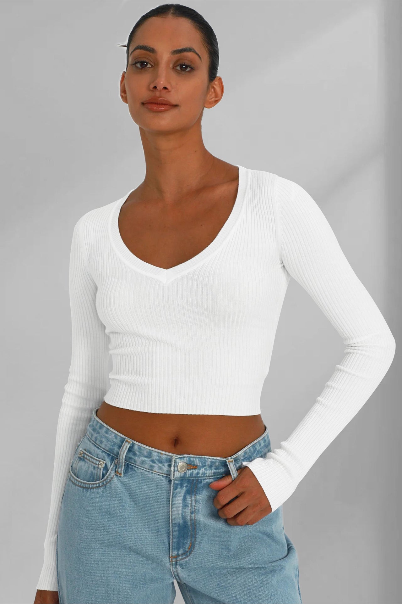 Camicia sexy con scollo a V lavorata a maglia a maniche lunghe