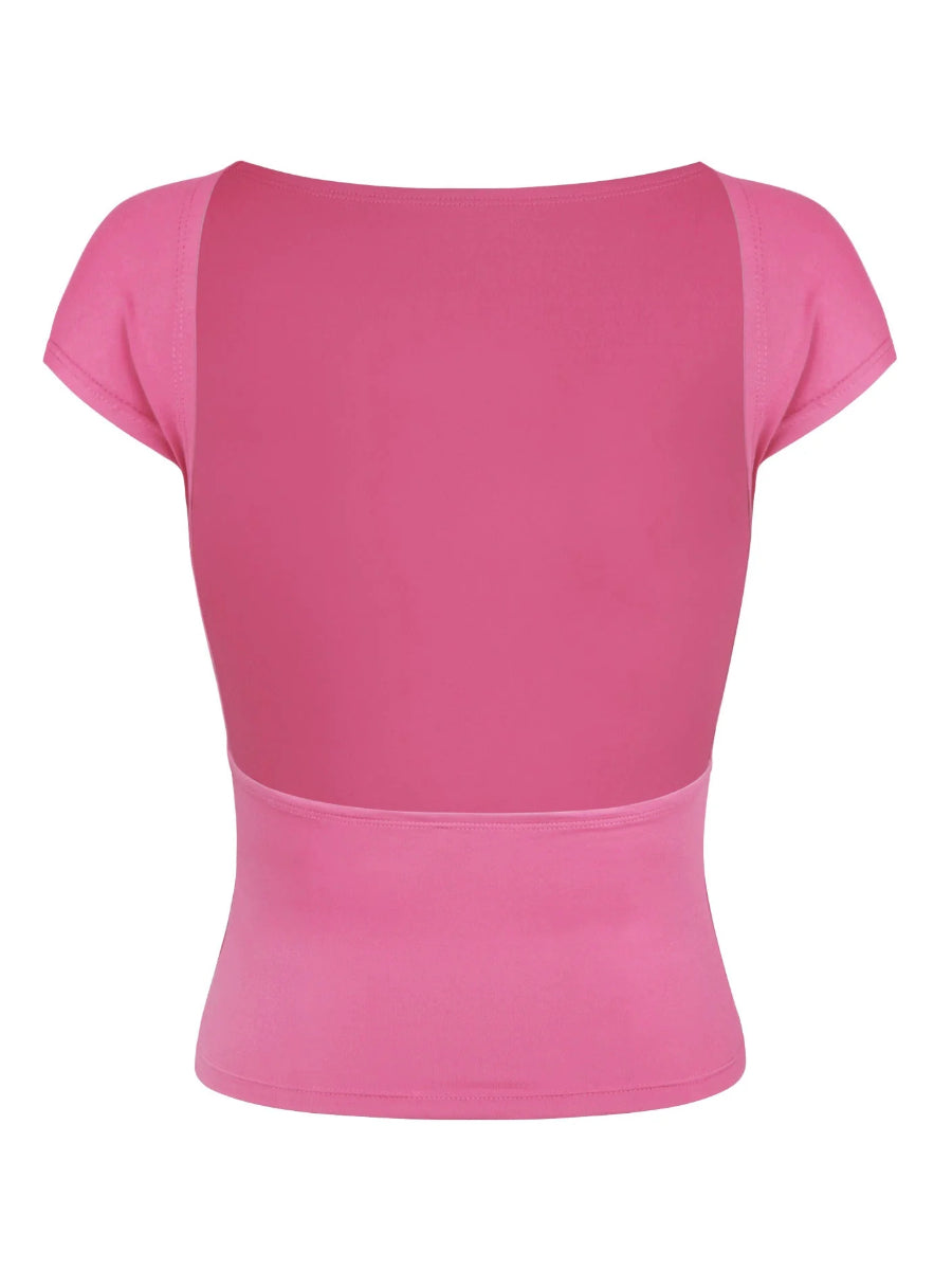 Camicia a maniche corte traspirante aderente e sexy rosa senza schienale