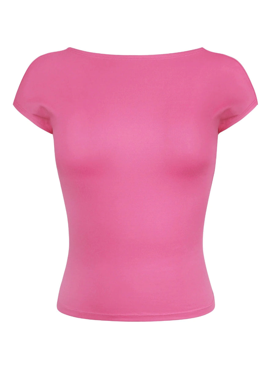 Camicia a maniche corte traspirante aderente e sexy rosa senza schienale
