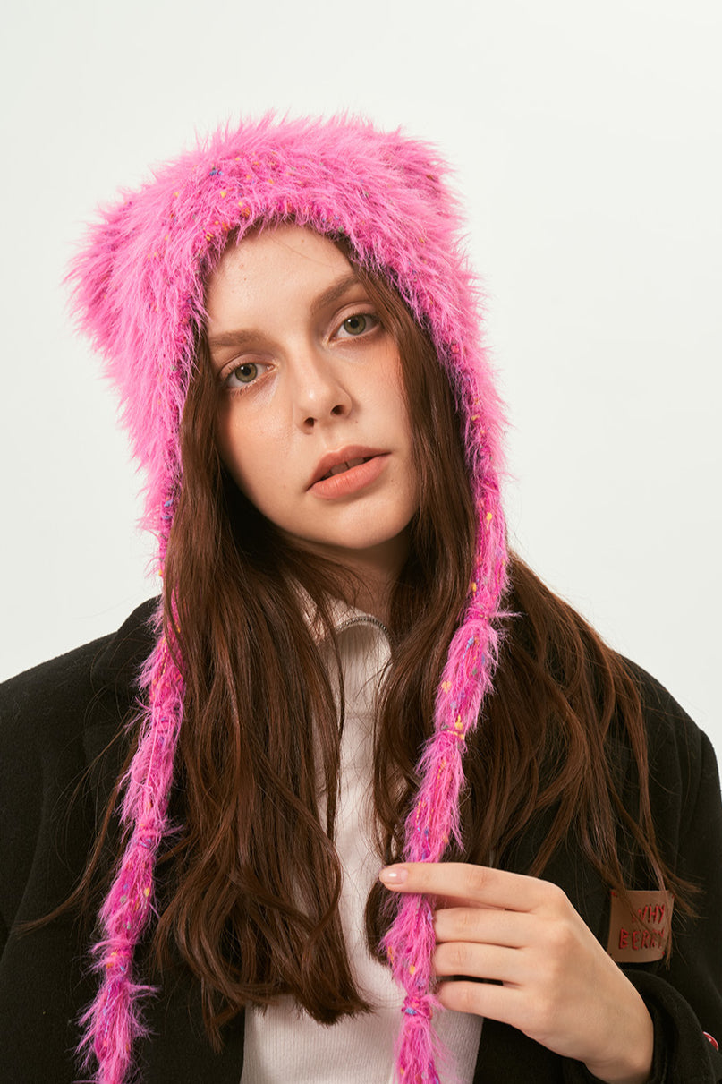 Cappello invernale da donna con orsetto caldo rosa 