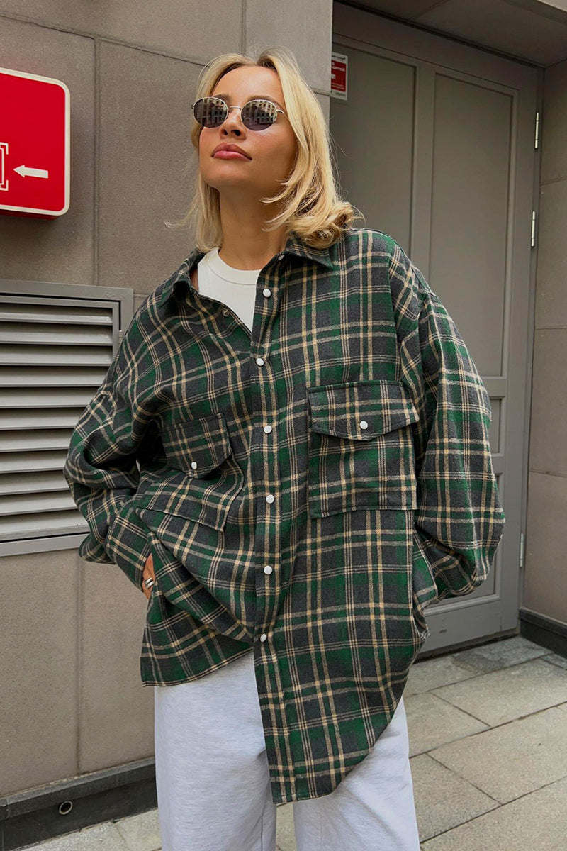 Women's Vintage Double Pocket Plaid Overshirt