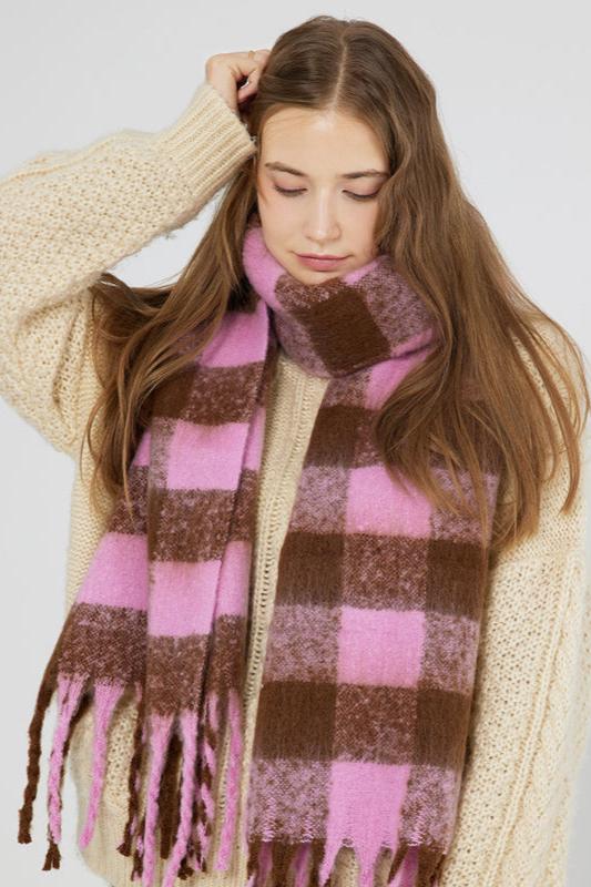 Karierter Schal Damen – Schal Fransen Groß Wollschal Strickschal Winter, Check Pink-Braun