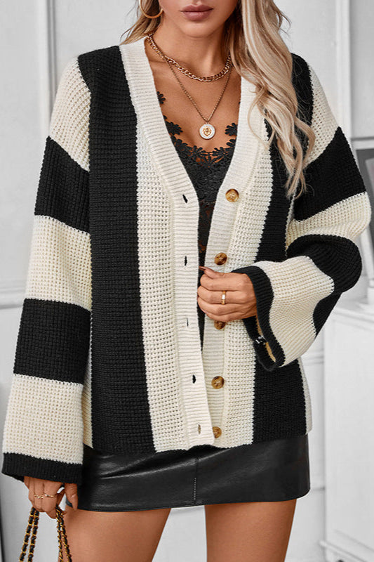 Cardigan elegante a righe con scollo a V e bottoni, a maniche lunghe 