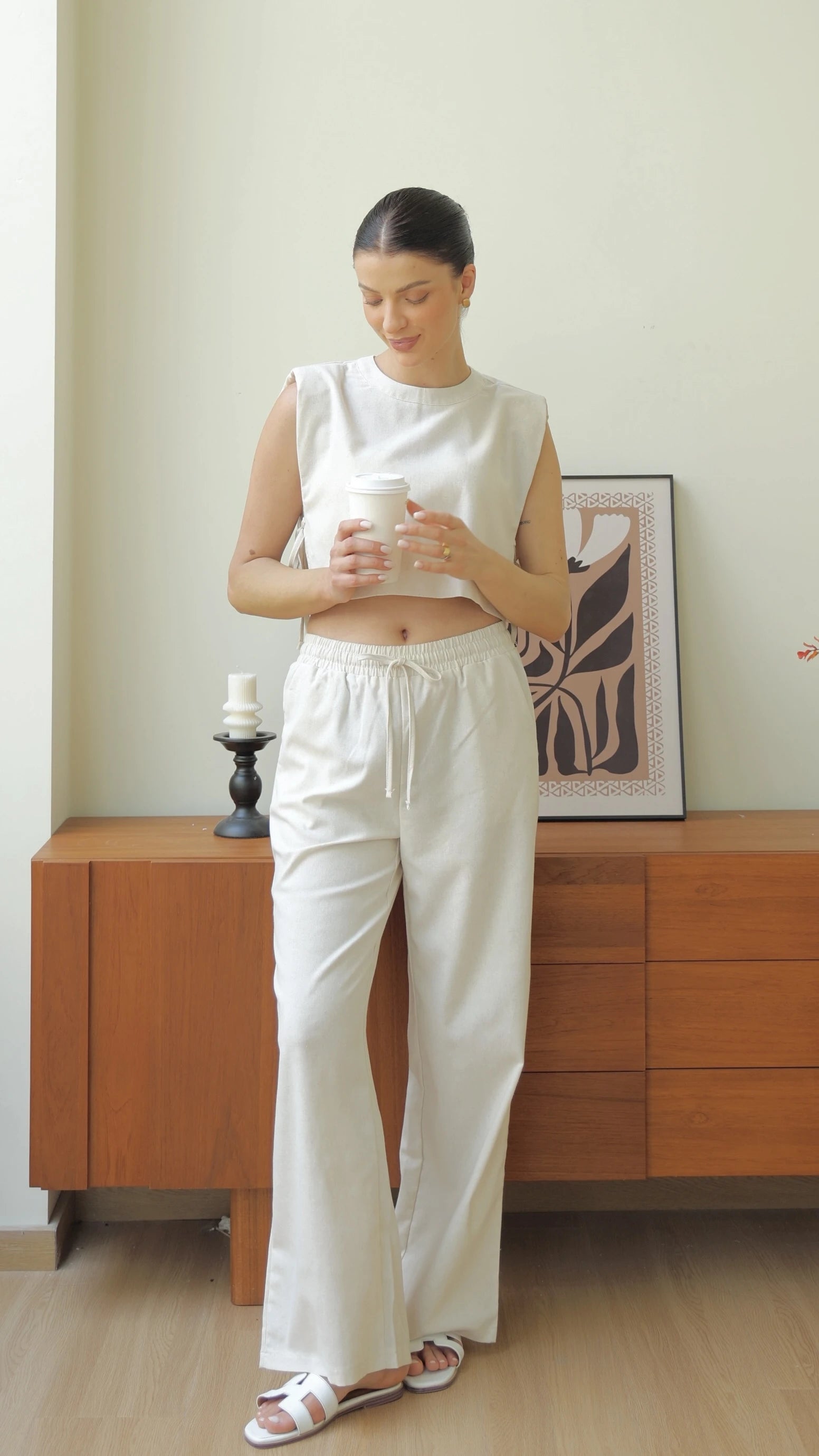 Set casual di pantaloni di lino e top corto in due pezzi 