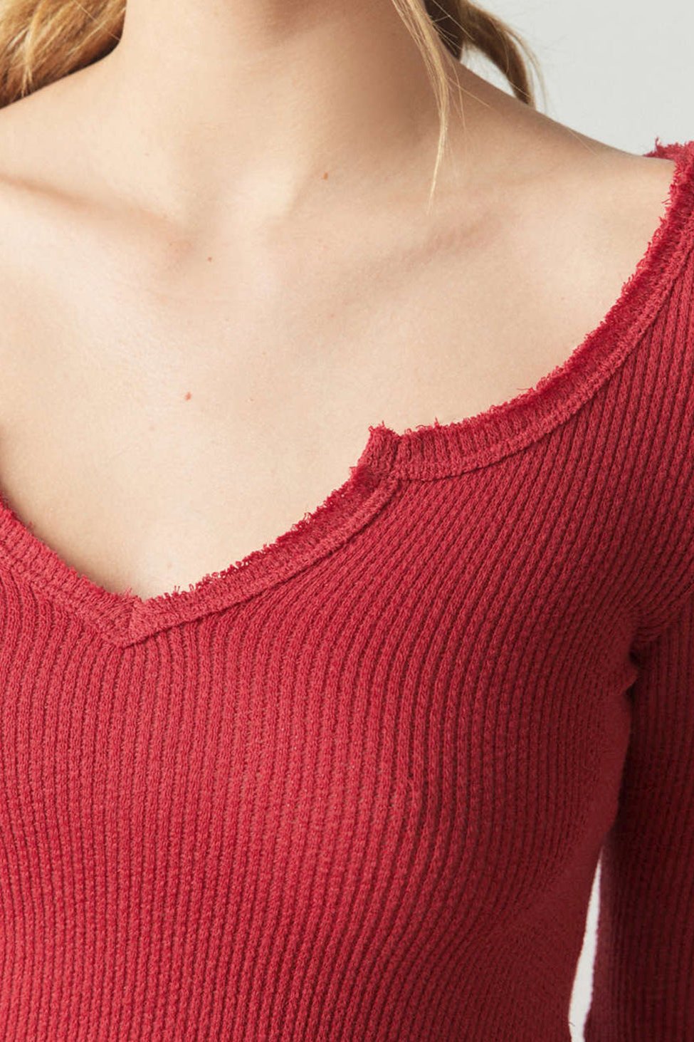 Red Ribbed V-Neck Long Sleeve Knitted Sweater