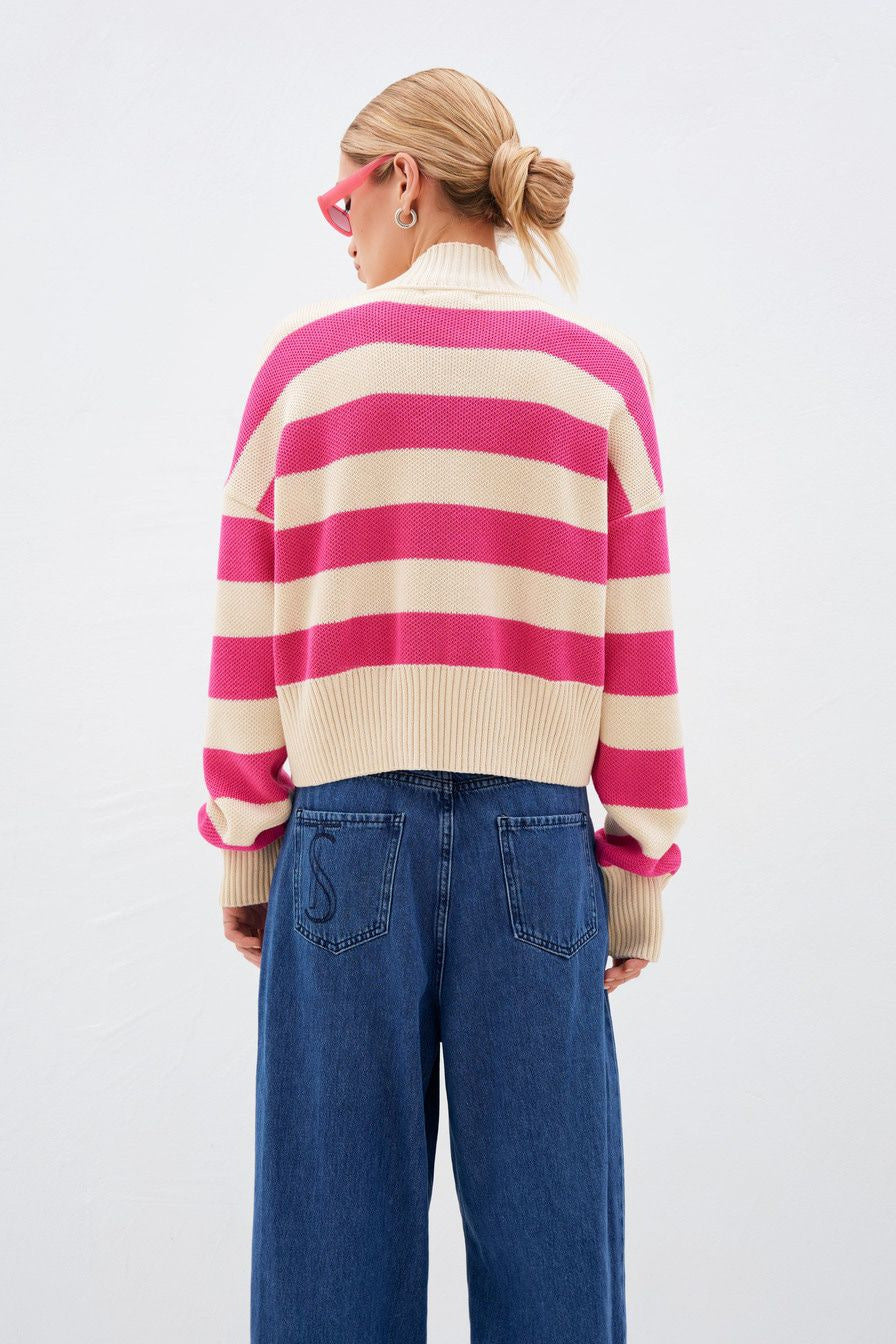 Pink and Beige Striped Knitted Cardigan