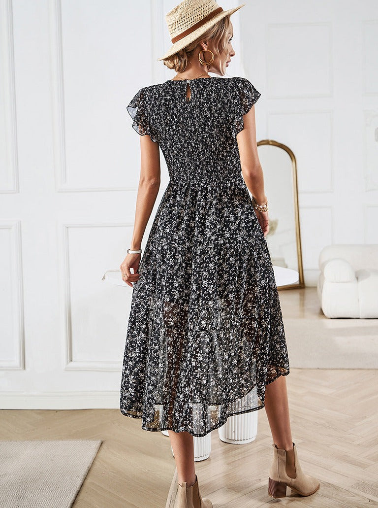 Floral Waist Defined Ruffle Trim Midi Dress