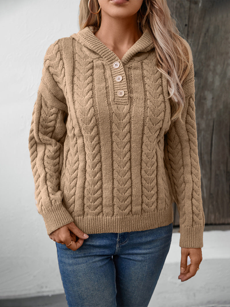 Kapuzenpullover Damen Strick Zopfmuster – Stilvoller Stricklook mit Knopfleiste