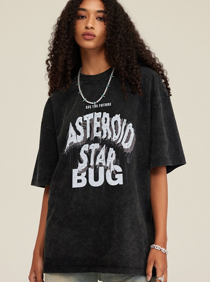 Camicia nera casual stampata con lettera di asteroidi 