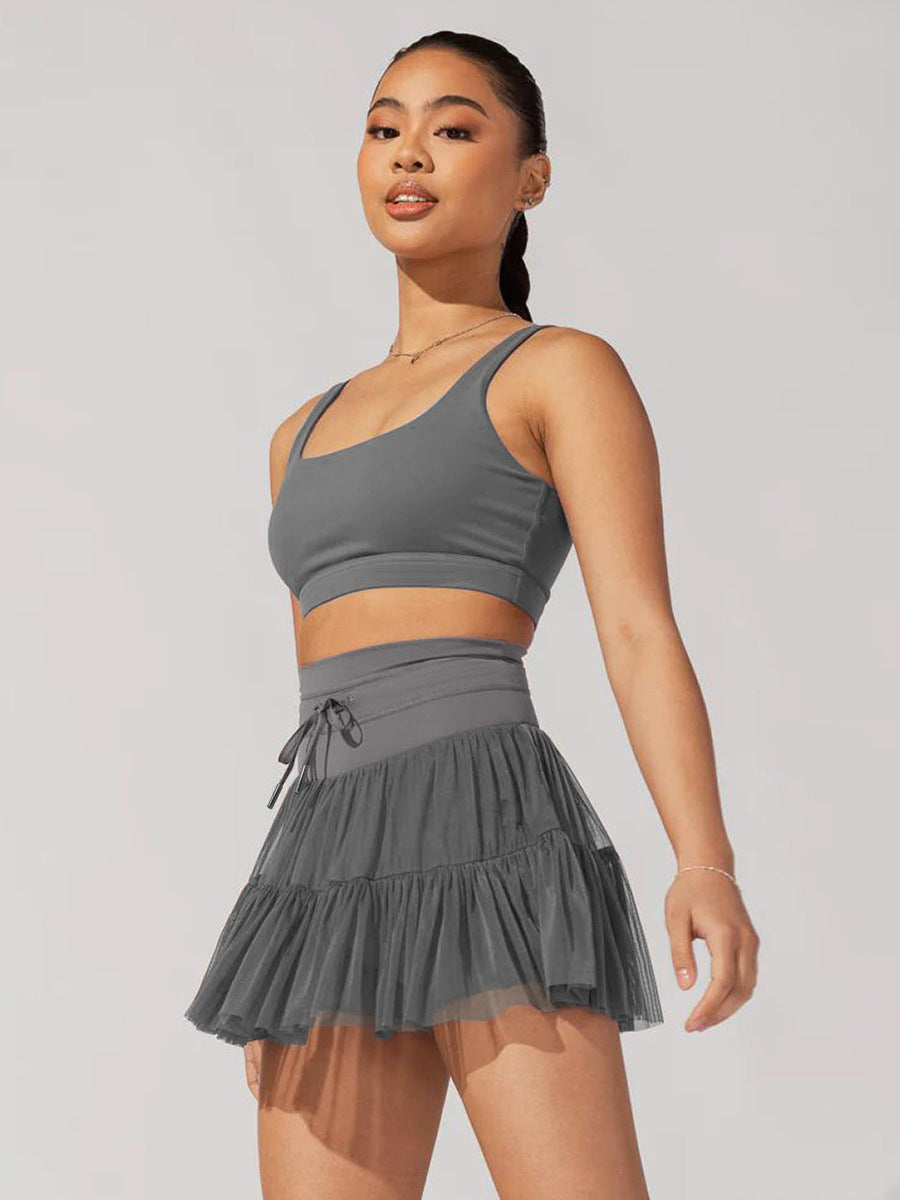 Gray High Waist Drawstring Pleated Skirt