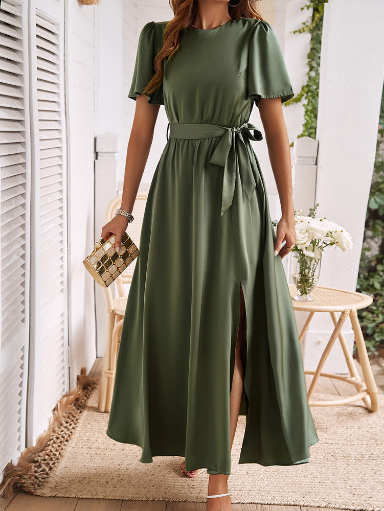 Green Short Sleeve Slit Dress