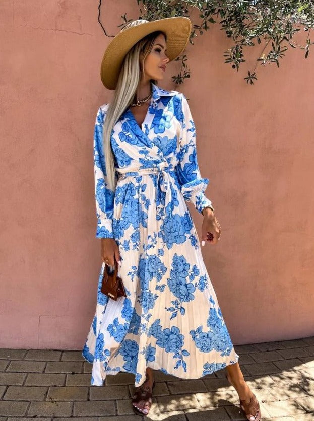 Floral Printed Tie Waist Long Sleeve Maxi Dress