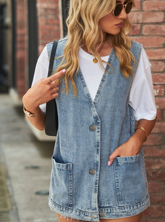 Gilet oversize in denim lavato senza maniche 