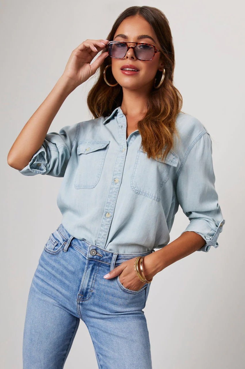 Light Blue Long Sleeve Collared Denim Blouse