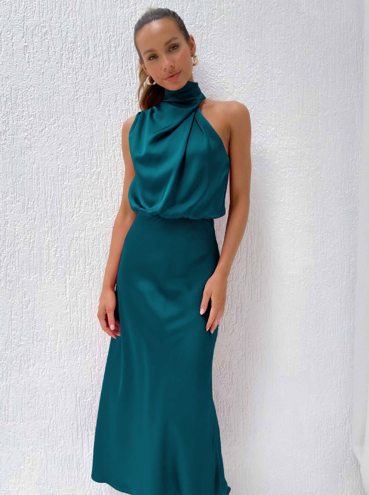 Abendkleid Damen Lang - Satin Neckholder Kleid Elegantes Cocktailkleid für Partys

