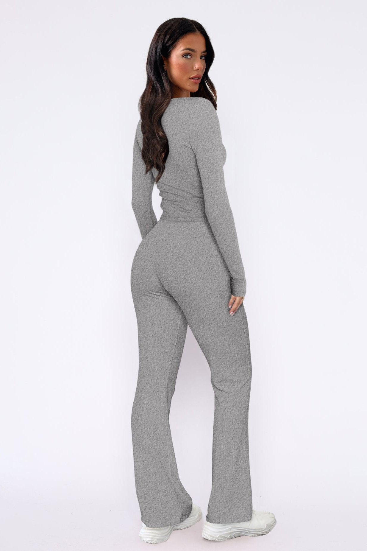 Casual Solid Long Sleeve Top Drawstring Pants Set