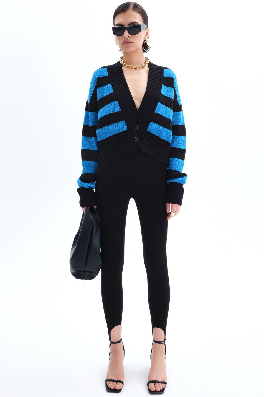 Blue Deep V-Neck Striped Knitted Cardigan