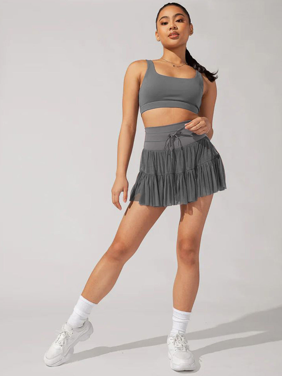 Gray High Waist Drawstring Pleated Skirt