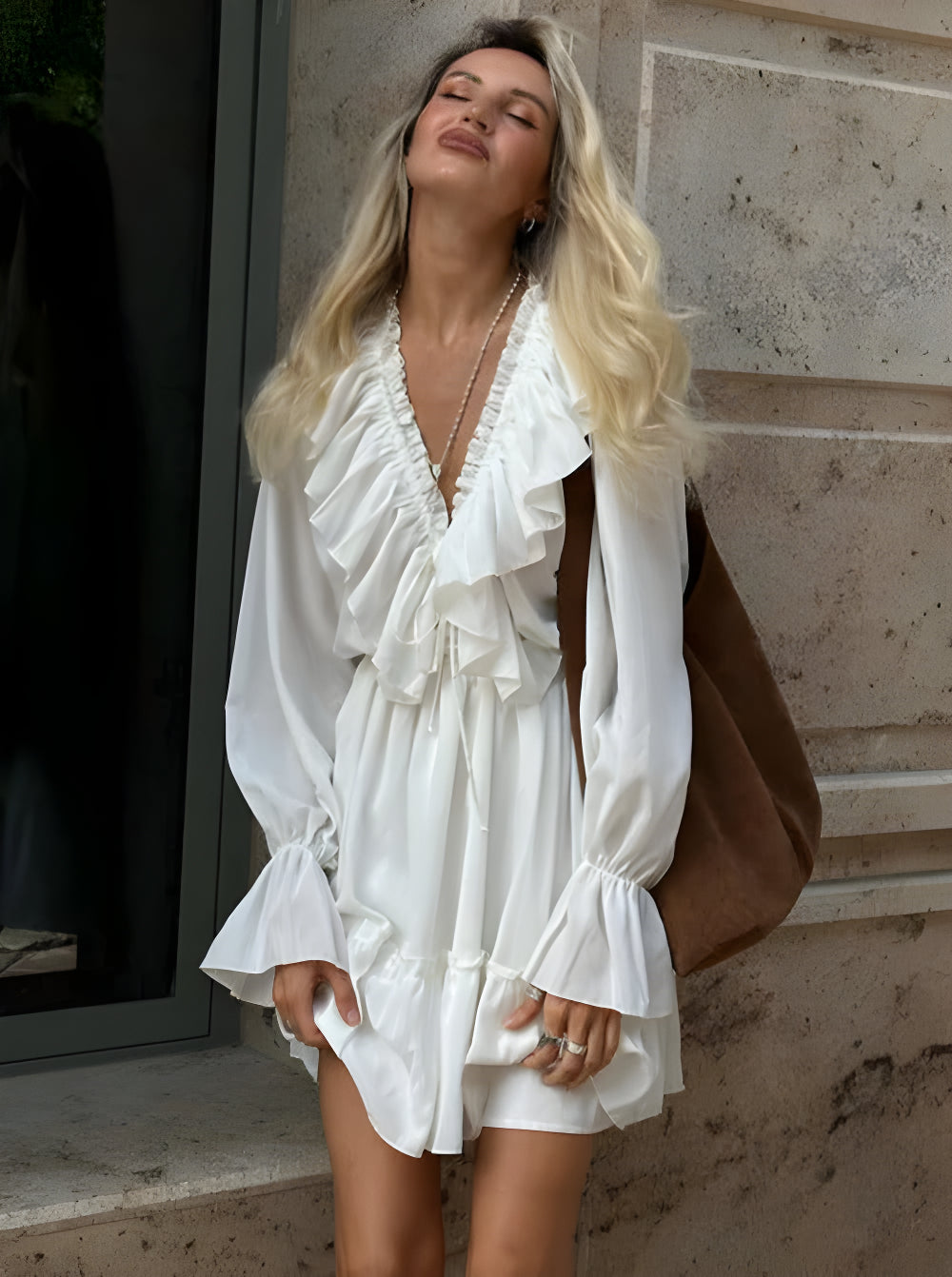 Pleated Ruffled V-Neck White Dress