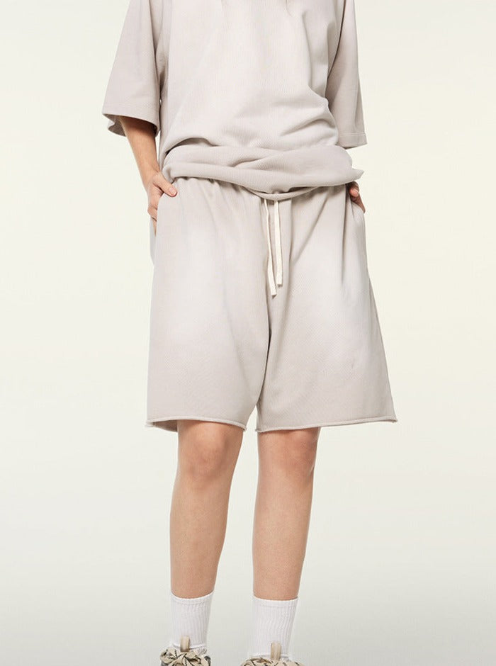 Heavy Washed Drawstring Loose Edge Shorts