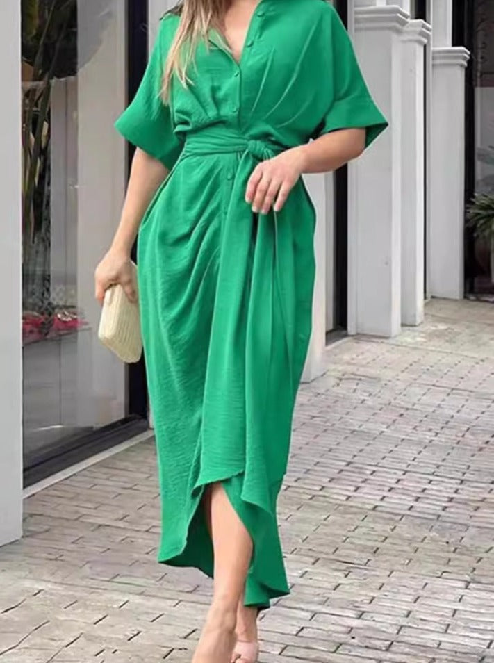 Elegant Short Sleeve Temperament High Waist Tie Belt Dress