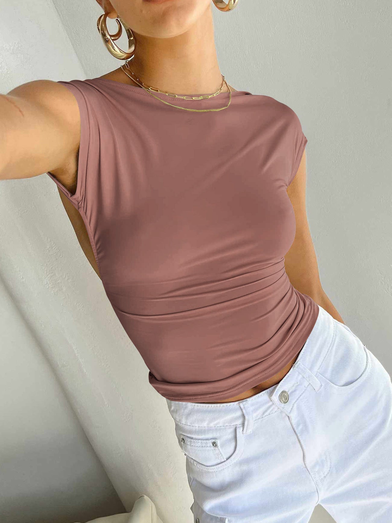 Camicia a maniche corte traspirante sottile senza schienale sexy beige