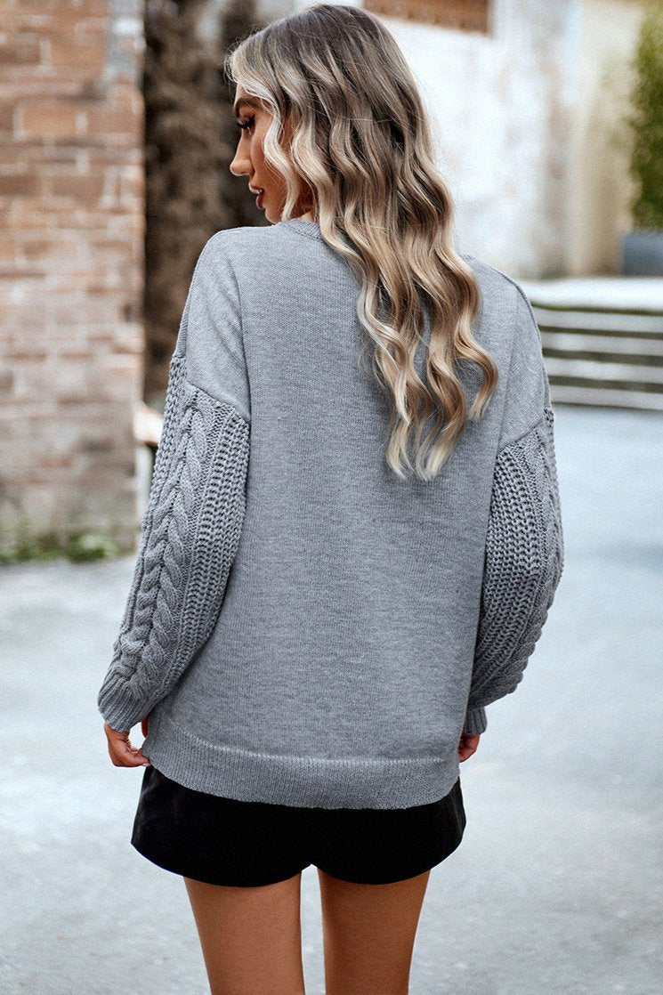 Grey Round Neck Long Sleeve Sweater