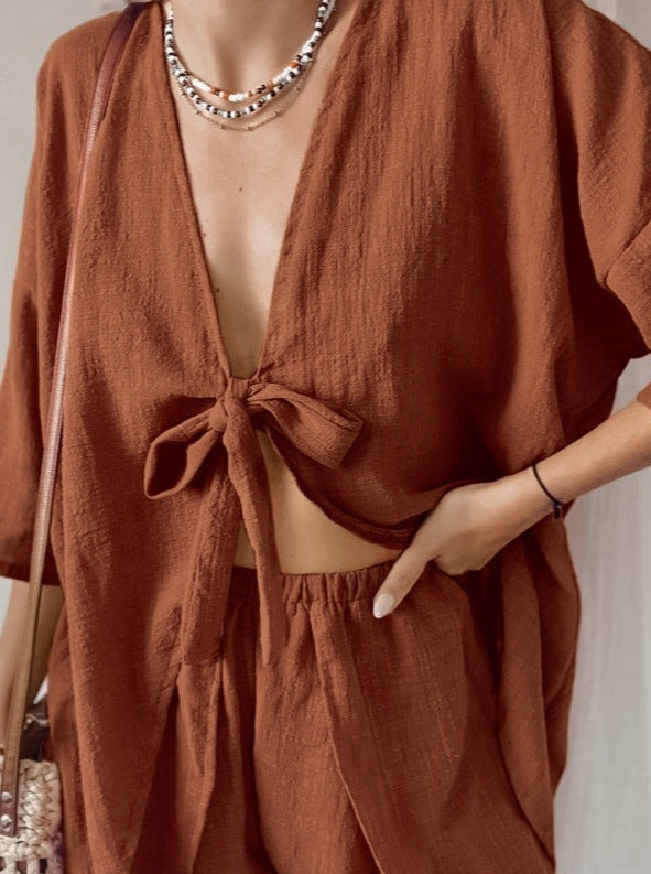 Chic Summer Flowy Tie-Front Shirt and Short Set