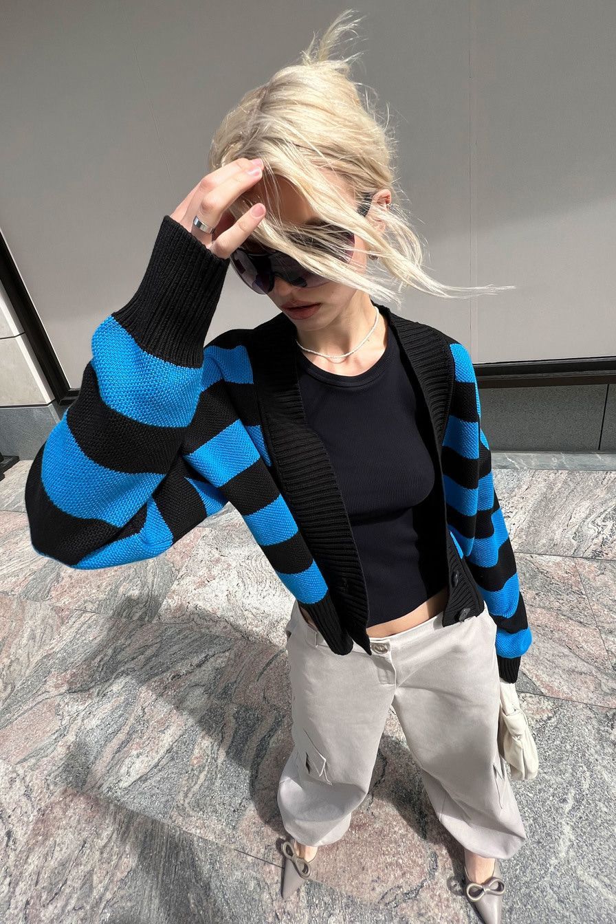 Blue Deep V-Neck Striped Knitted Cardigan